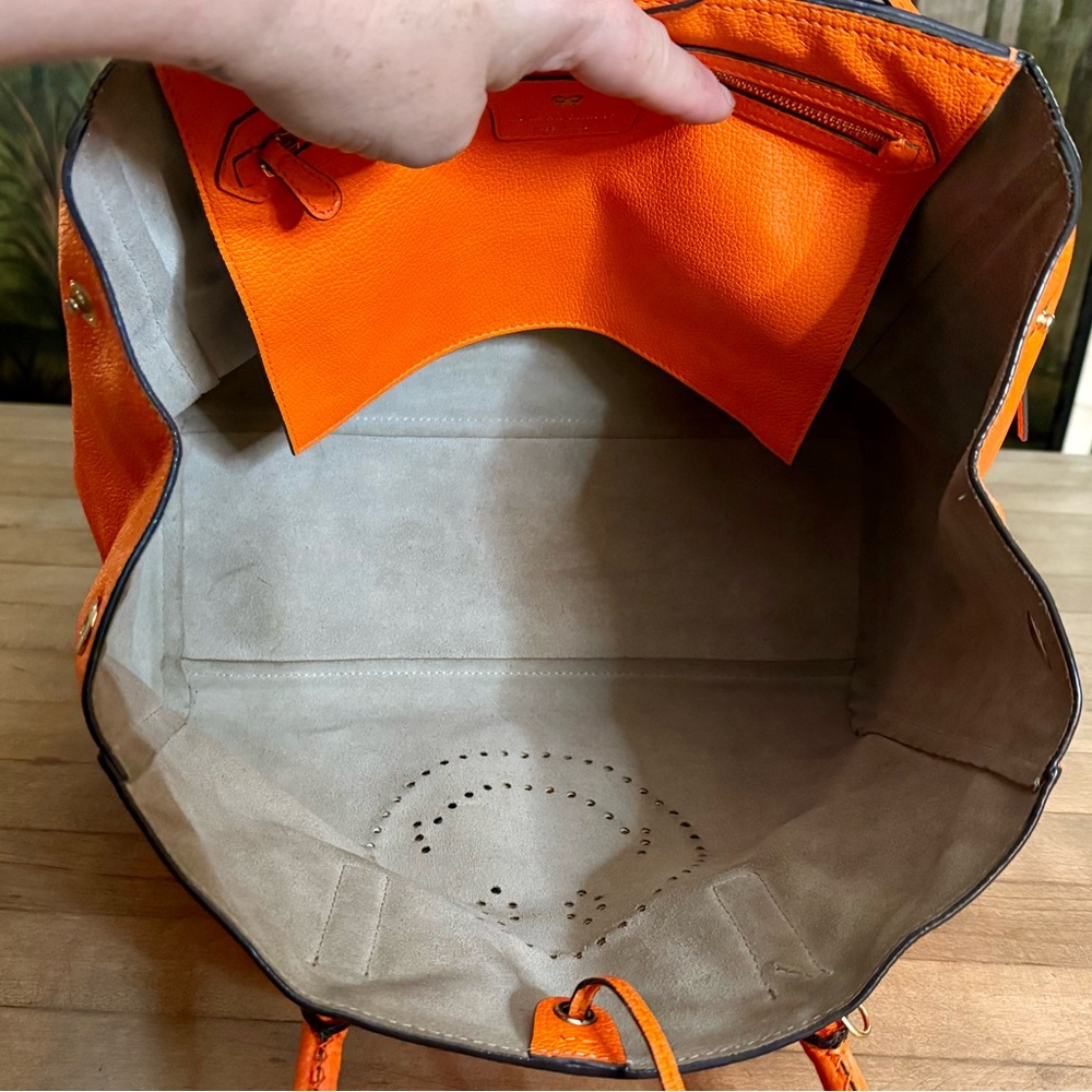 Anya Hindmarch Neon Orange Leather Featherweight Smiley Face Ebury Tote Bag - Picture 12 of 12